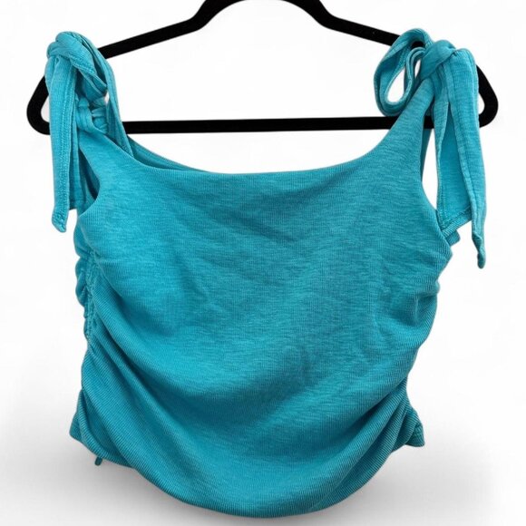 Free People Boulevard Bow Tie Strap Ruched Sides Cotton Rib Tank Top Aqua Size L - Picture 5 of 9